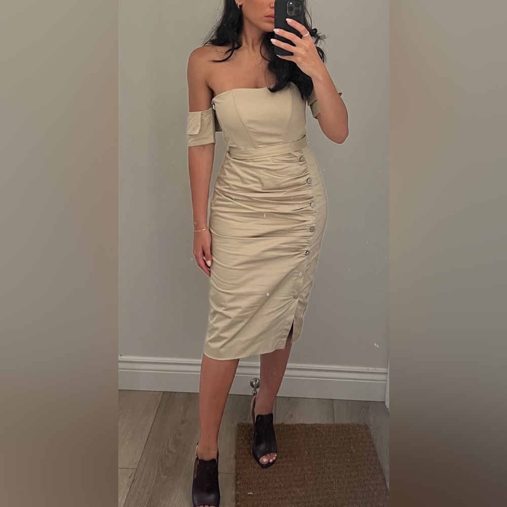 Elegant Cream Ruched Bottom Off Shoulder Dress